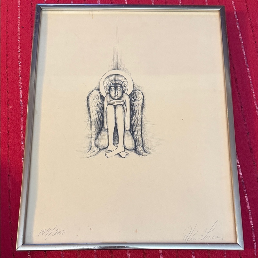 Vintage Original Helen Lucas Framed Angel Ink Drawing